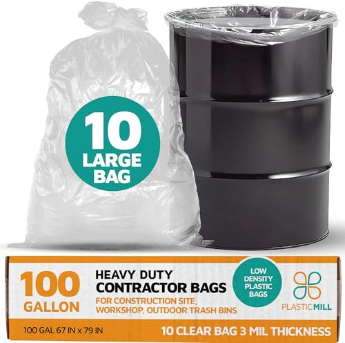 PlasticMill Contractor Bags Heavy Duty - Commercial, Industrial Garbage Bags - Clear Construction Trash Bags - Outdoor, Garden Trash Bags, 100-Gallon, 3 Mil, 67x79 (10-Count)