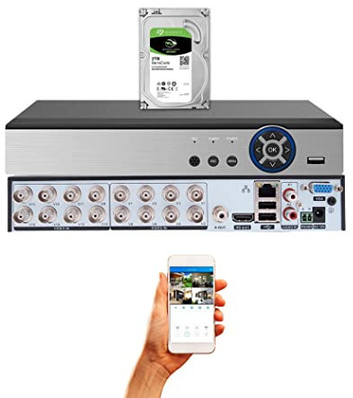 Evertech DVR de seguridad H.265 de 16 canales con disco duro de 2 TB para cámaras de vigilancia analógicas CCTV 1080P TVI CVI AHD, grabadora de video digital de 16 canales con acceso remoto para