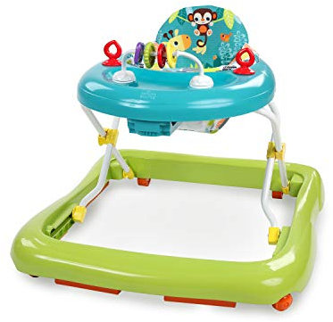 Bright Starts, Giggling Safari, Lauflernhilfe mit Spielzeuge, Perlenschiebespielzeug, 3 Höheneinstellungen, Lauflernwagen mit hoher Rückenlehne, zusammenklappbare, grün / blau, Kinder ab 6 Monaten