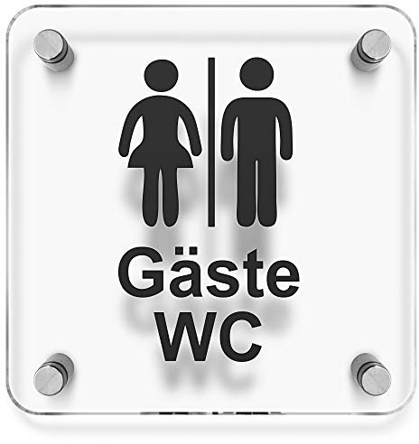 Türschilder24 WC Toiletten Wandschild/Türschild • Gäste - Gäste WC • 150 x 150mm. Schild besteht aus hochtransparentem 3mm Acrylglas. Inkl. 4 x Abstandshalter aus V2A Edelstahl