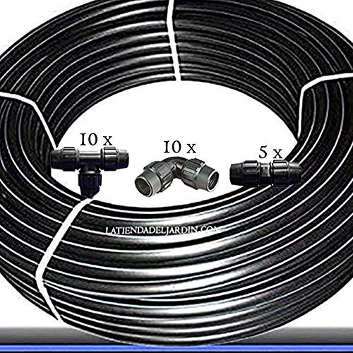 Suinga Tuyau polyéthylène alimentaire 25mm 10 bar 100m PE100 HD, bande bleu, tuyau d'eau potable/tuyau d'arrosage. Comprend 10 coudes, 10 tés et 5 raccords en polyéthylène
