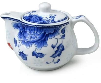 Tetera pequeña de porcelana azul y blanca de 9 onzas con infusor de acero inoxidable, flor de Penoy china clásica (peonía)