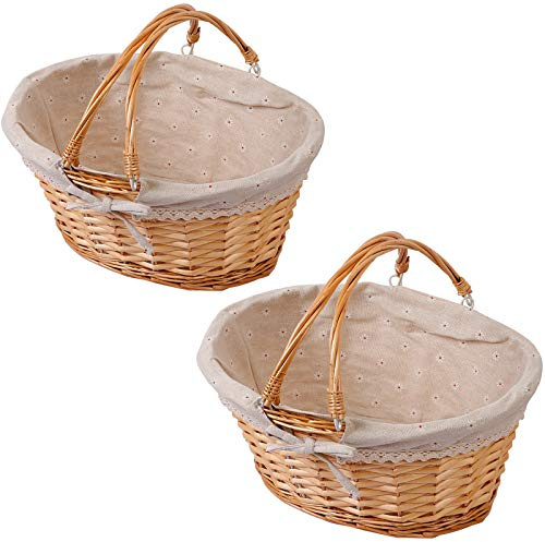KINJOEK 2 Packs Wicker Woven Basket, 13 x 9 x 4.8 Multipurpose Natural Willow Basket with Handle Premium Linen Cotton Cloth Lining for Storage and Decoration, Natural