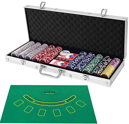 COSTWAY 500 Laser-Chips Pokerset, Poker Komplett Set mit Chips, 2 Spielkarten, 5 Würfel, 3 Händler-Chips und Tischtuch, Kasino Pokerkoffer Aluminium mit 2 Schlüsseln (Silber)
