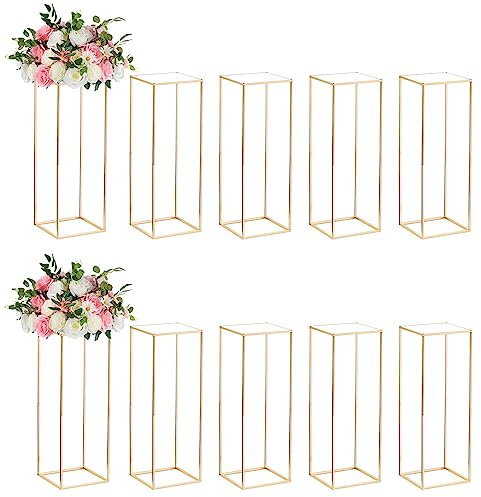 Nuptio 10 Stück Goldvasen für Hochzeit Herzstück Tische, Metall Blumenboden Vase Säule Blumenständer, 80cm Hohe Geometrische Blumenvase, Rechteckige Blumen Display Rack für Zuhause Party Hochzeit