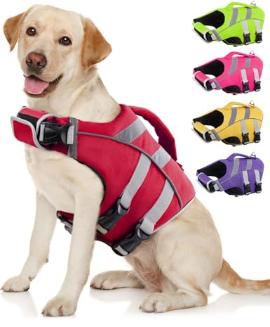 Kuoser Dog Life Jacket with Reflective Stripes, Dog Life Vest for Swimming Boating, Adjustable Pet Lifejackets with High Flotation, Doggie Swimsuit for Small Medium Large Dogs