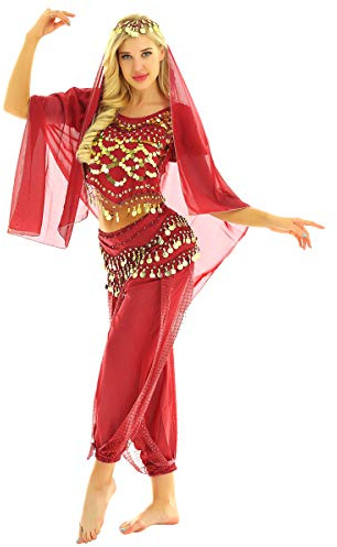 YOOJIA Femme Déguisement Princesse Arabe Costume Belly Costume Danse du Ventre Ensemble Danse Orientale Top Corp Paillettes & Pantalon & Voile & Ceinture écharpe Rouge One Size