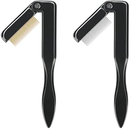 G2PLUS 2PCS Folding Eyelash Comb, Eyelash Separator Tool, Black Eyebrow Comb Metal Teeth, Eyelash Brush Tool for Lash & Brow