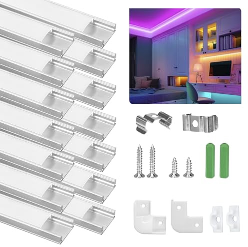 Ykall LED Aluprofil U-Form 14x1m Set inkl. Zubehör für LED Streifen | U-Form Aluprofil 14x1m Set m. Diffusor, 7 Eckverb., 33 Kappen, Schrauben & Clips. Für Streifen bis 12mm.