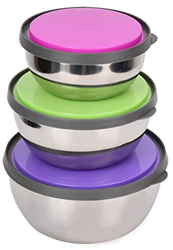 Tomotato Set di Ciotole in Acciaio Inox, Ciotole Impilabili con Coperchio Ermetico per Cucina, Conservazione e Lievitazione, 3 Pezzi da 6.3, 5.5 e 4.7 Pollici, Insalatiera Multiuso per Casa e Ufficio