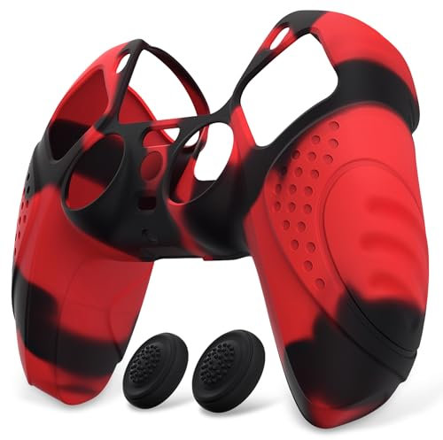 eXtremeRate PlayVital Protection Manette pour ps5 Coque,Housse Silicone avec Capuchon Joystick pour ps5 Controller Accessoire Cover Skin Antidérapante-Rouge & Noir,Édition Guardian