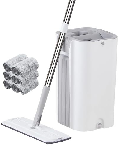 Mopa con Fregona Cubo Escurridor Mopas de Limpieza Suelos Mopa para Limpiar Azulejos y Paredes Hogar Mop Trapeadora Fregona Autoescurrible Plana con 6 Almohadillas Microfibra Parquet Ventanas (AZUL)