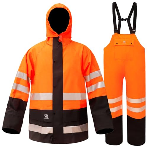 RainRider Rain Suits Waterproof for Men & Women Heavy Duty Rain Gear High Visibility Reflective Jacket Bib Pants 3 Pieces Rainwear(Orange,XL)