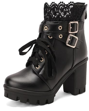 Goth Platform Boots Lace Buckle Gothic Cosplay Booties Chunky High Heels Ankle Boots Zipper Punk Shoes Black 7.5