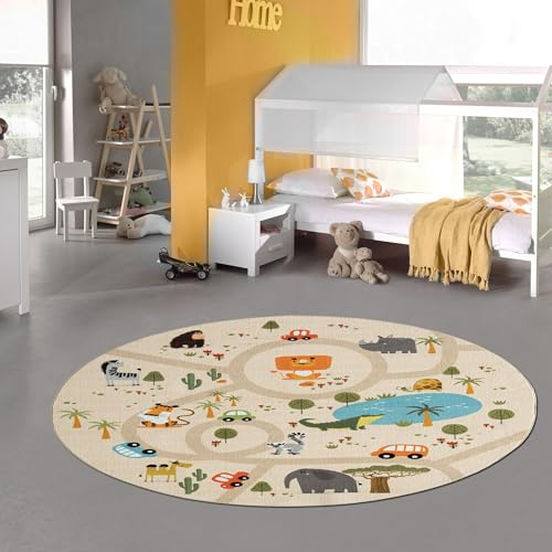 Teppich-Traum Kinderteppich Safari Tiere Straßen Beige Ø 160 cm | Pflegeleicht, rutschfest, strapazierfähig und allergikergeeignet, mit Löwen, Elefanten, Zebras, Krokodilen und Straßen