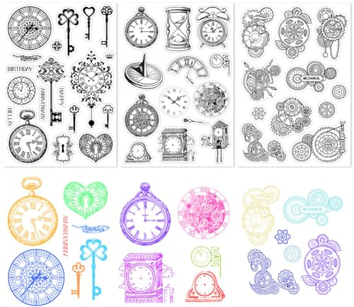 craspire 3 Style Vintage Clock Key Clear Rubber Stamps Gear Wheel Wiederverwendbare Transparente Silikon-Stempelsiegel Für Journaling, Kartenherstellung, Scrapbooking, Fotoalbum, Dekoratives DIY