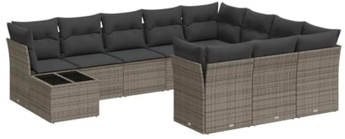vidaXL Garten Sofa Garnitur 11-TLG., Gartenmöbel Set mit Kissen, Sitzgruppe für Garten Terrasse, Modular Gartensofa Lounge, Tisch mit Glasplatte, Grau Poly Rattan