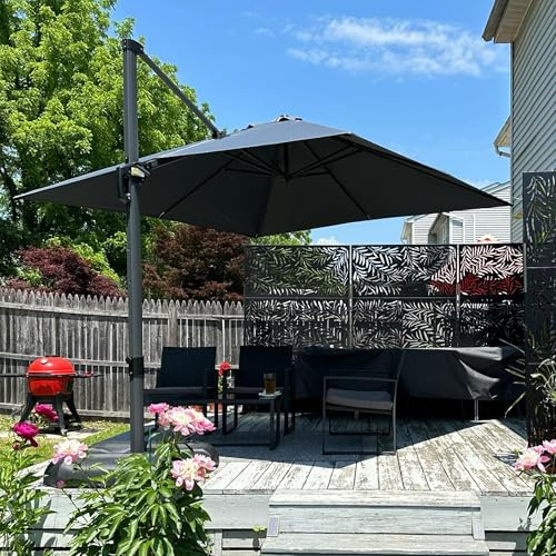 PURPLE LEAF Sombrilla Terraza Exterior 2,5 x 2,5 m con Base, Parasol de Aluminio con Rotación de 360° y Inclinable, Tejido 240g/m² Protección UV 50+ para Jardín, Piscina, Mercado y Patio, Gris