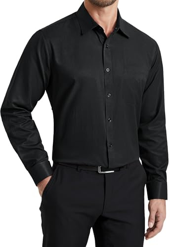 HISDERN Camicia da Uomo a Maniche Lunghe Casual Top per Business Tempo Libero e Cerimonia con Colletto Classico e Tasca Nero 3XL
