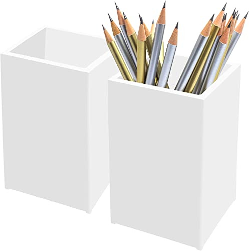 SHOPUKASA Acrylic Pen Holder for Desk, 2 Pack — Small Compact Pen Pots & Makeup Brush Holder, Clear Pencil Cup Space Saver Desk Tidy, Office Desk Accessories for Home School Classroom, 6.5×6.5×10 cm