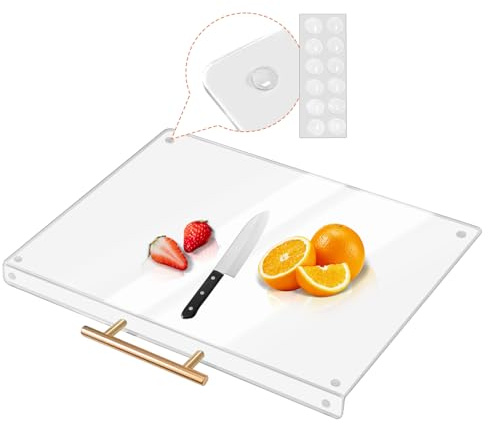 Daily Treasures Acrylic Cutting Board with Gold Handle,42x34cm Clear Chopping Board with Groove,Lagre Counter Edge Chopping Board,Non Slip Clear Cutting Board for Kitchen Counter Worktop Protector