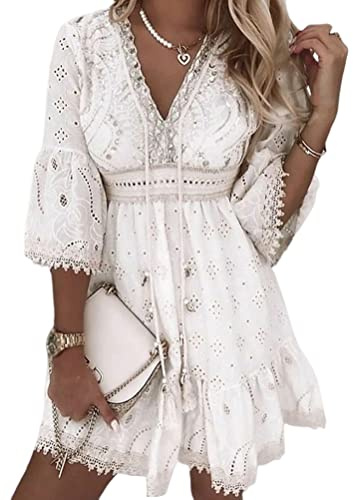 Minetom Damen Spitzen Sommerkleid Mit Spaghettiträgern Kurz Kleid V-Ausschnitt Ärmellos Boho Strandkleid A-Linie Kleid V Weiß L