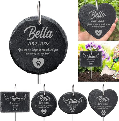 papasgix Personalisiert Tiergrabstein Grabstein Hund Katze Herzform Grabplatte Grabstecker mit Gravur, Individuelles Grabschmuck Wetterfest Herz Grab Gedenkstein mit Namen Datum