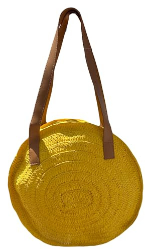 Handtasche für Damen, aus Stroh, aus Bast, für den Sommer, Strand, Korb aus Esparto-Rattan, handgefertigt, rund, natürlich, ethnisch, böhmisch, umweltfreundlich, rund, gelb, gelb