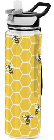 Mnsruu Transparente Sport-Wasserflasche mit Strohhalm, auslaufsichere Trinkflasche, niedliche Tier-Biene, Fahrradflaschen für Sport, Büro, Schule, BPA-freier Tritan-Kunststoff, 1 Liter
