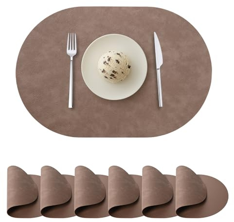 Juego de 6 manteles Individuales ovalados de Piel sintética para Mesa de Comedor, manteles Individuales de Doble Cara, Resistentes al Calor, Lavables y limpiables, para Interior y Exterior, café