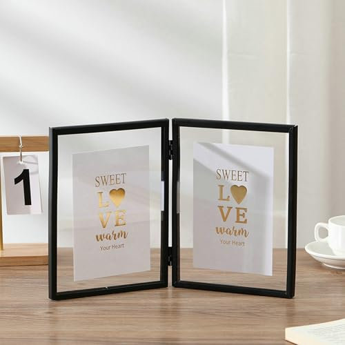 Ayoiow Fotorahmen 18x13 cm Schwarz Acryl Fotorahmen Doppelte Öffnung Faltung für Büros Photo Frame Table