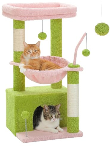 PAWZ Road Cactus - Árbol para gatos de interior con hamaca, torre para gatos con cubierta de sisal, gran percha superior, árbol rascador para gatos, color rosa, 83 cm