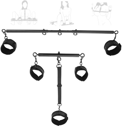 TAUOE Juguete para parejas con barra de metal ajustable de color negro y 5 esposas acolchadas, sistema de sujeción completo para entrenamiento de yoga, color negro