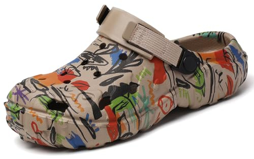 SECHRITE Womens Mens Clogs Garden Shoes Graffiti Slip On Mules Sports Sandals Unisex Adult Athletic Summer Outdoor Beach Slippers Water Shower Shoes with Adjustable Back Strap Khaki 43