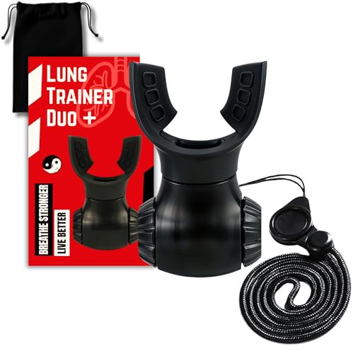 Lung Trainer Duo+ Pro Edition Dual Resistance Breathing Exerciser, Adjustable Respiratory Training Device for Athletes & Fitness, Portable & Easy to Clean with Neck Strap & Carry Pouch - Stealth Black