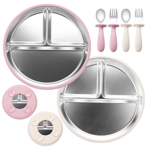 WUSUPU 2 PCS Assiettes en Acier Inoxydable avec Ventouse pour Bébé,Assiette Ventouse pour Bébé en Acier Inox, Assiette Compartiment Bebe,assiette Inox avec Rebord en Silicone(Blanc Cassé et Rose)