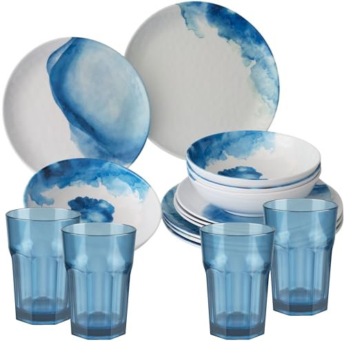 Melamin Geschirrset für 4 Personen - 16 Teile mit Trinkglas hellblau elegante Steingut Optik in weiss-blau Essgeschirr Gläser Wasserglas Tumbler Whiskey Campinggeschirr Picknick Camping Outdoor