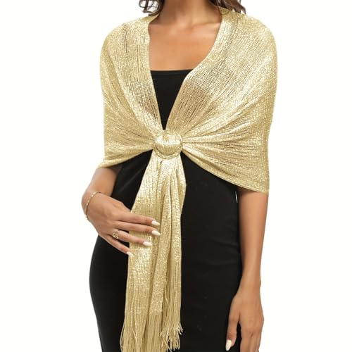 OYZOQ Glitzernder Metallic-Schal für Damen mit Schnalle, Stola für abendkleid für Hochzeit, Party, Brautjungfer,Champagner-Gold