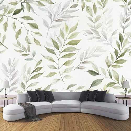 Papel Pintado Plantas De Acuarela 300×210cm Fotomurales Para Pared 3D, Hoja De Olivo Papel Tapiz Pintado En Tejido de seda - Pared Moderna,Verde Oliva Murales Fotográficos Decorativos