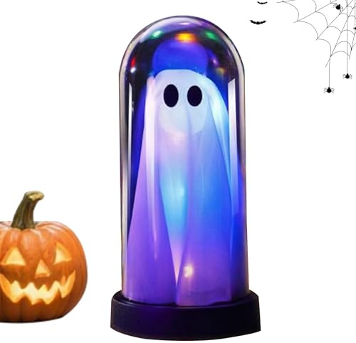 Halloween Decor – Mysterious Atmosphere Enhancer | Light Up Ghost in Cloche | Lighted Ghost in Glass Dome Cloche | Spooky Table Centerpiece for Haunted House Mantel Party and Seasonal Home Decoration