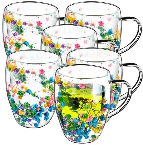 KADAX Lot de 6 verres à café à double paroi - 350 ml - Verres isothermes pour thé et café - Verres à thé en verre borosilicate - Tasse à café avec fleurs séchées - Multicolore