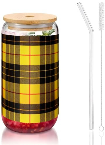 YBGHDAA Vasos de cristal con tapa y pajita, 1 unidad, diseño de cuadros, color amarillo, gris y negro, ideal para whisky, cerveza, té