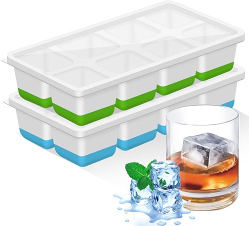 Grande vassoio per cubetti di ghiaccio, 2 pezzi, stampo per cubetti di ghiaccio in silicone con coperchio per whisky, cocktail, birra, vino, senza BPA, impilabile e riutilizzabile (verde + blu)