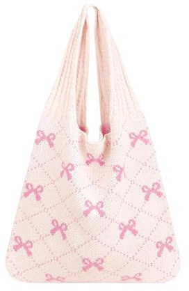 Vxcvzv 1 Stück Häkeltasche mit Rosa Schleifen, Aesthetic Gehäkelte Tasche, Tote Bag mit Schleife für Schüler Dame Mädchen Shopping Alltag Urlaub