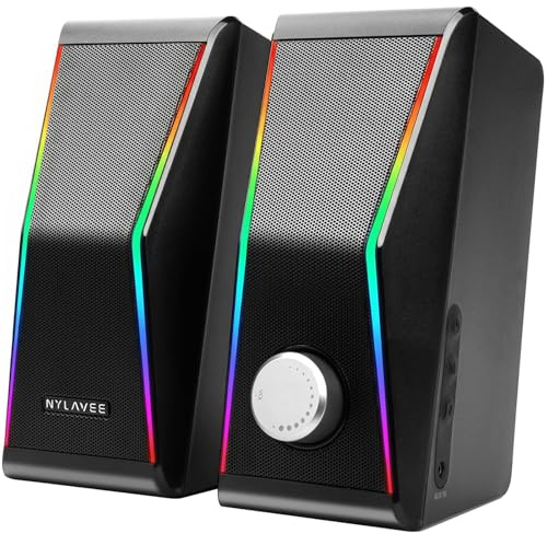 Nylavee Computer Speakers, Hi-Fi Stereo Sound PC Speakers with Bluetooth 5.0 and 3.5mm AUX-in, 14W AC Powered, Built-in Equalizer Modes and RGB Lights for Desktop PC, Monitor, Laptop, PS5, Xbox