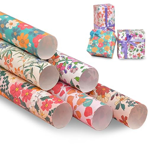 6 Blatt Blumen Geschenkpapier, Buntes Geschenk Papier mit Blumenmotiv, Geschenk Papier, Kunstdruckpapier für Hochzeiten, Geburtstage, Brautpartys und Teepartys, 50x70cm