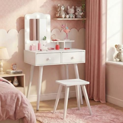 Arlopu Kids Vanity Set and Mirror, Wooden Pretend Play Vanity Table and Chair Set for Girls with Stool, Drawer, Princess Makeup Dress-Up Toy for Toddlers 3+Year Old (White)