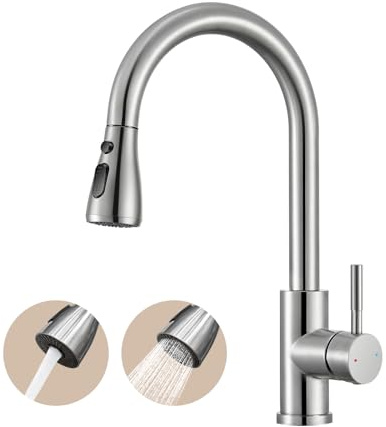 MELANSTAR Robinet de cuisine extensible avec pivot flexible à 360°, robinet de cuisine haute pression pivotant, flexible en acier inoxydable pour la cuisine, 2 sorties d'eau