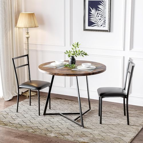 31.4 Inch Round Dining Table Set for 2, Small Kitchen Table Set with 2 Upholstered Chairs and 2 Heat Resistant Placemat, Bistro Table and Chairs Set for Dining Room, Cafe, Vintage, Rustic Brown