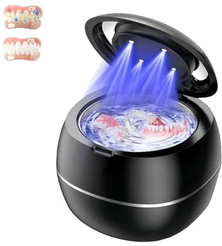 Limpiador Ultrasónico para Dentaduras Postizas, Cápsula de Limpieza Dental de 43 kHz, Limpiador de Retenedores con Temporizador UV y Digital para Protectores Nocturnos, Aparatos Ortopédicos,Black